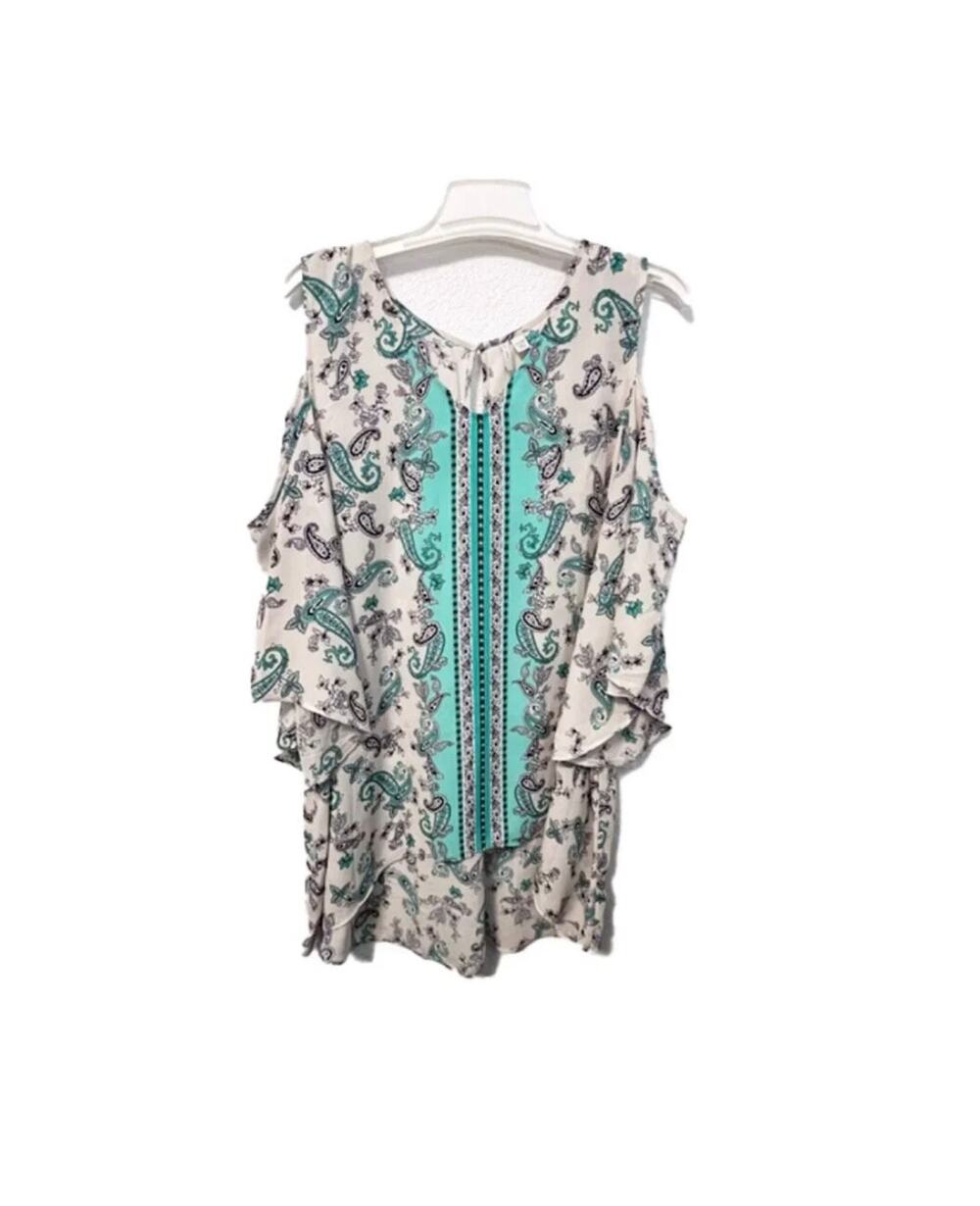 EST. 1946 Womens cold-shoulder blouse, Teal Paisley Print on Cream High-Low